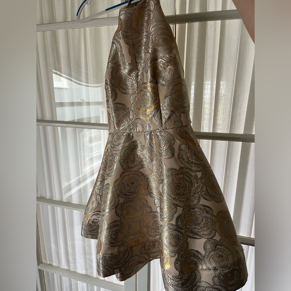 Gold Halter Mini Dress with Floral Detail Size 2